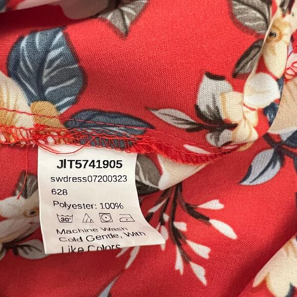 SHEIN red floral faux wrap ruffle dress flutter sleeves - Picture 7 of 7